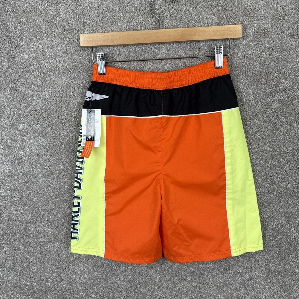 Harley-Davidson Boys Size 8/10 Swim Trunks Orange Neon Yellow Skull Logo NEW